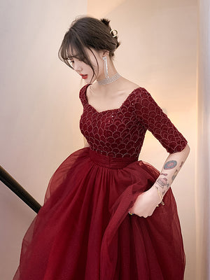 Wijnrode avondjurk lange mouw baljurk / Wine Red Evening Dress Long Sleeve