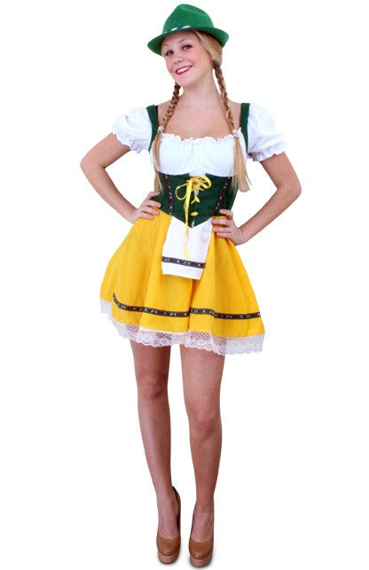 Tiroler jurk kort geel/groen dames - Scattando Webshop