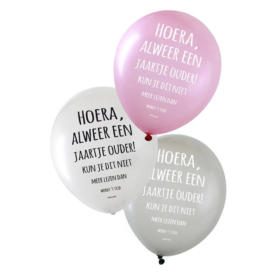 Helium Ballon Hoera metallic zilver wit roze / Verjaardag Ballon