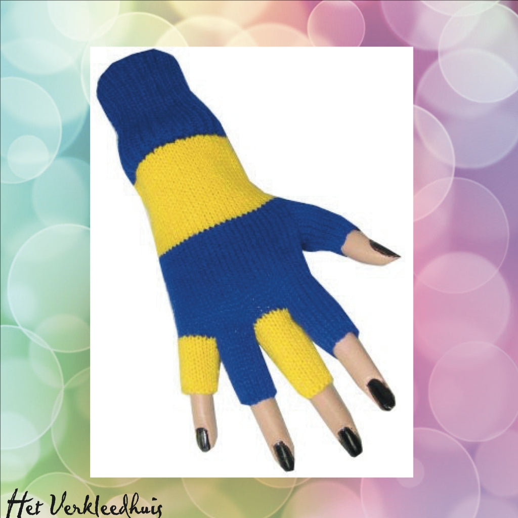 Vingerloze handschoenen blauw/geel - Scattando Verkleedhuis