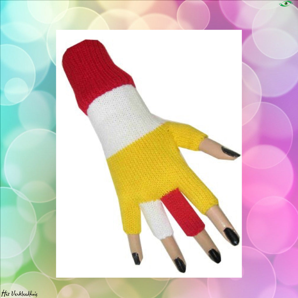 Vingerloze handschoenen rood/wit/geel Oeteldonk - Scattando Verkleedhuis