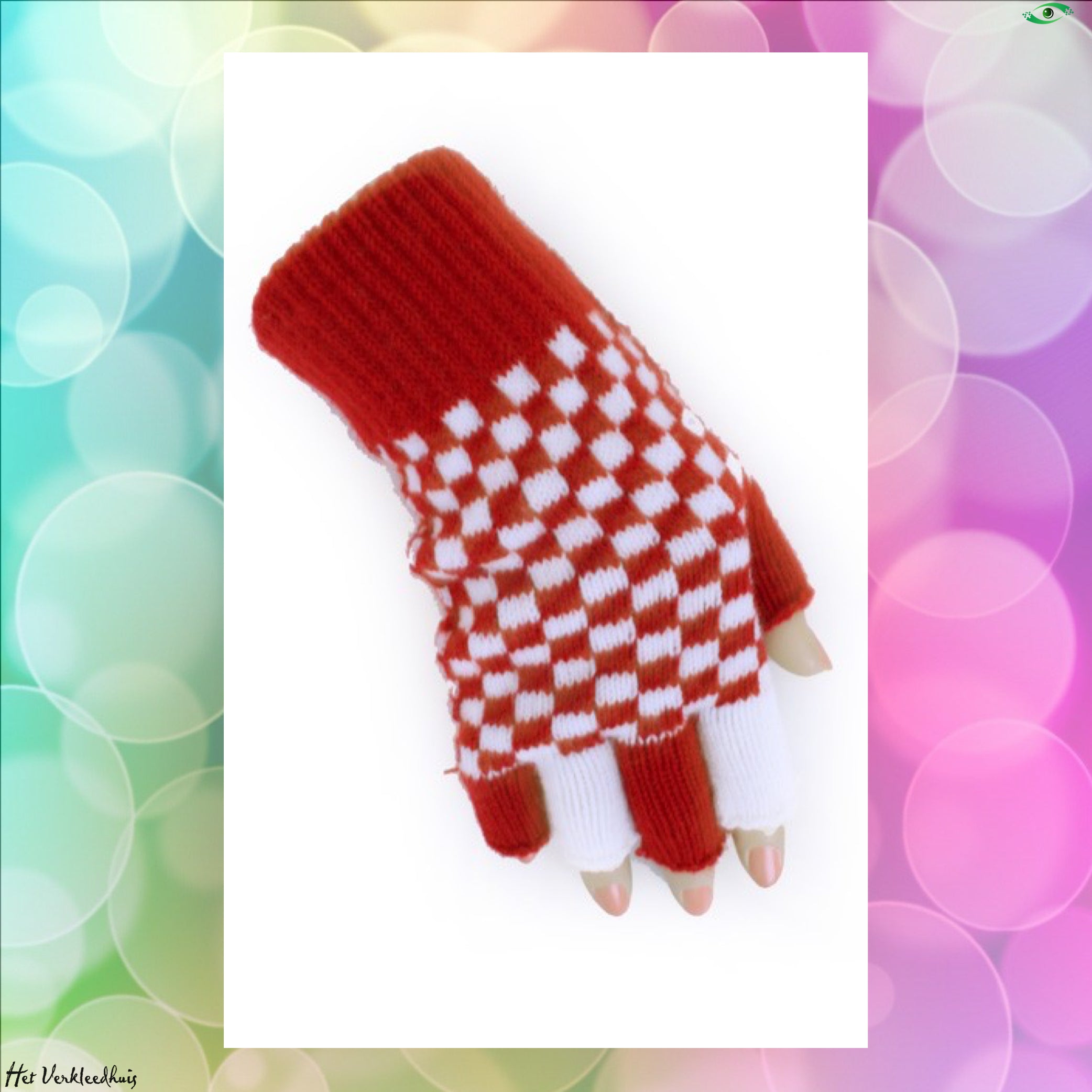 Vingerloze handschoenen rood/wit brabant geblokt - Scattando Verkleedhuis