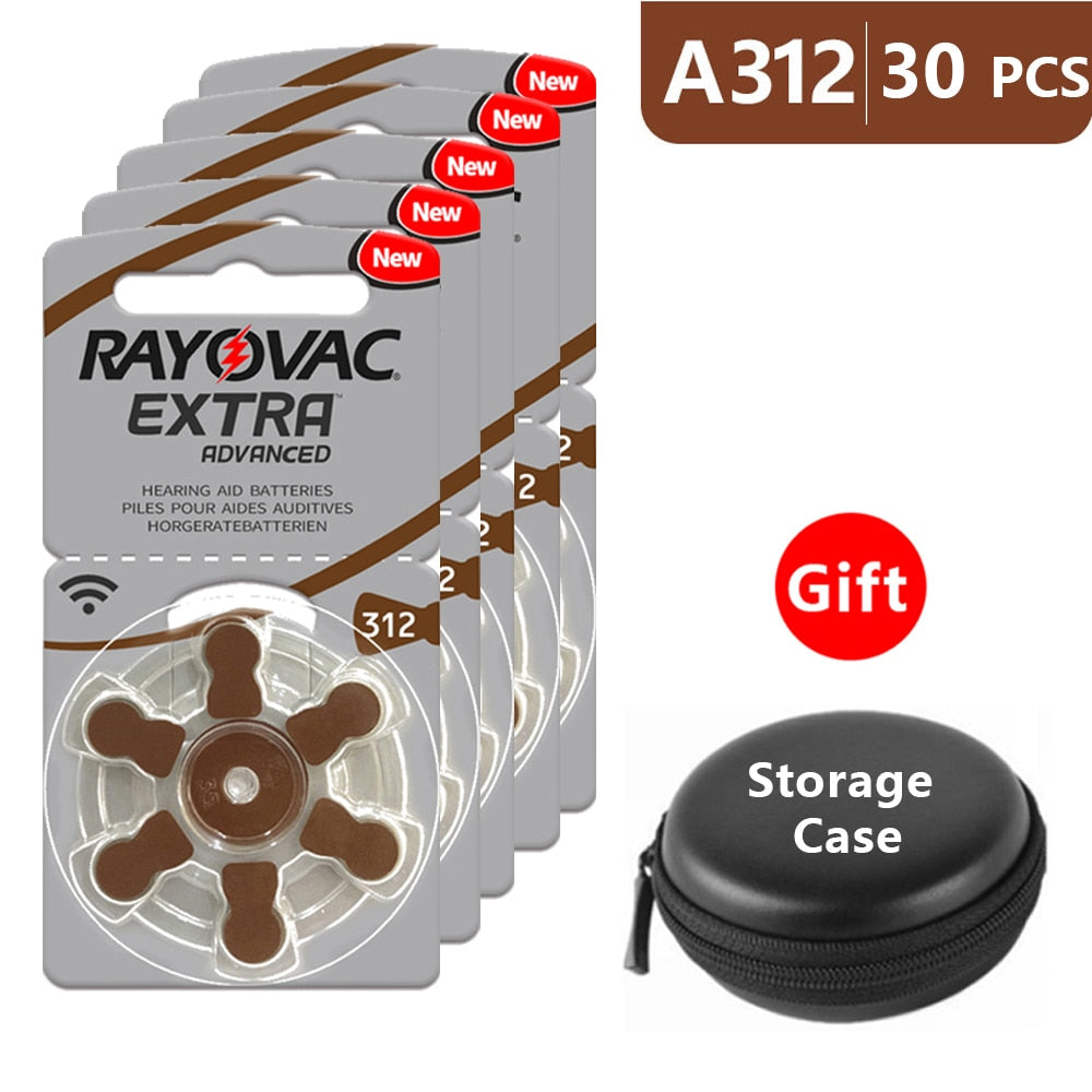 Hoor Apparaat batterijen Size 312 za Rayovac Extra Advanced, Pak van 30, Brown Tab PR41 1.45V Type 312 Zinc Air Battery met opbergdoosje!